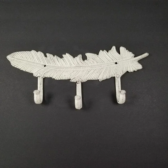 Cast Iron Feather Wall Hook Rack 3 Hooks Distressed White Rustic‎ Farmhouse 11.5