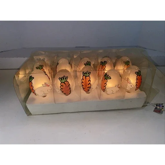 Vintage White Easter Egg‎ Light String With Carrot And Bunny Design Works In Box