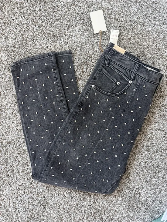 Anthropologie Charcoal Stud-Embellished Straight-Leg Jeans
