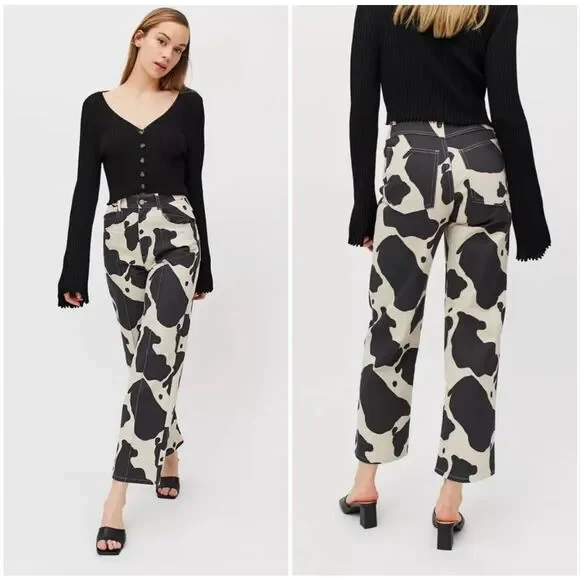 Lisa Says Gah Robyn Cow Print Jeans Straight Leg High Rise 26 LSG