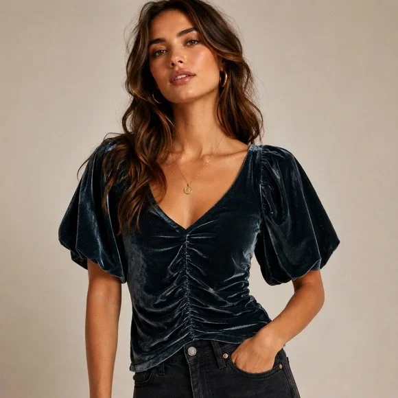 Free People Women Velvet Top Teal Ruched Flutter Sleeve Boho Romantic Large