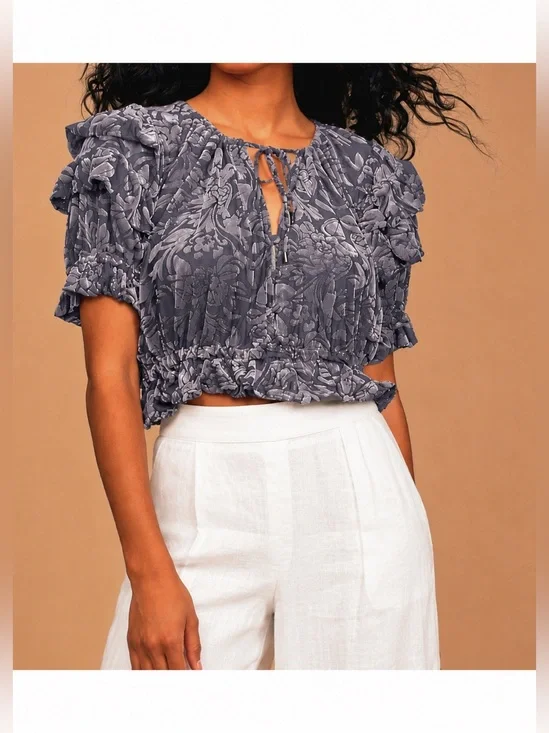 Free People Slate Floral Velour Textured Ruffle Sleeve Blouse - Size M