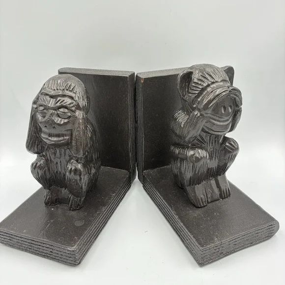 VTG Decorative See No Evil Hear No Evil Monkey Bookend Pair Carved  Rustic MCM