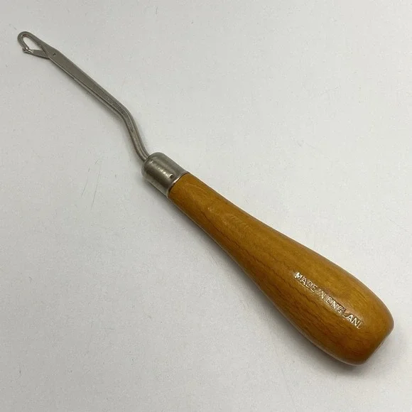 Vintage Latch Hook Rug Carpet Yarn Tool with Wood Handle Stamped Made in England