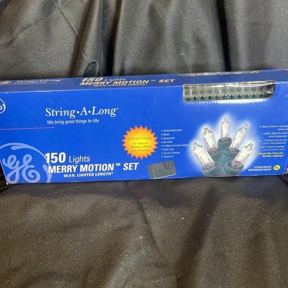 Vtg- GE 150 String A Long Merry Motion Lights -8 Functions Stays Lit 49.6ft RARE
