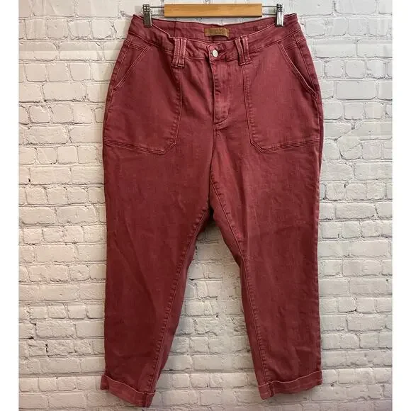 Judy Blue Aurora Weekender Cuffed Jogger Jeans High Waisted Red Women's 16W