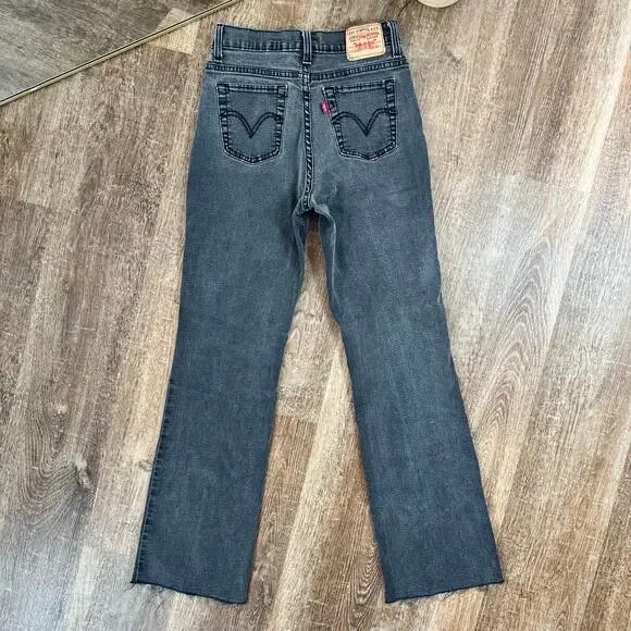 Vintage Y2K Levis High Rise Slimming 512 Boot Flare Faded Black Jeans Raw Hem