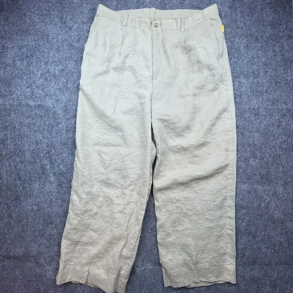 Mecca Gold Pants Mens 40 Khaki Linen Cropped Straight Leg Lightweight Casual