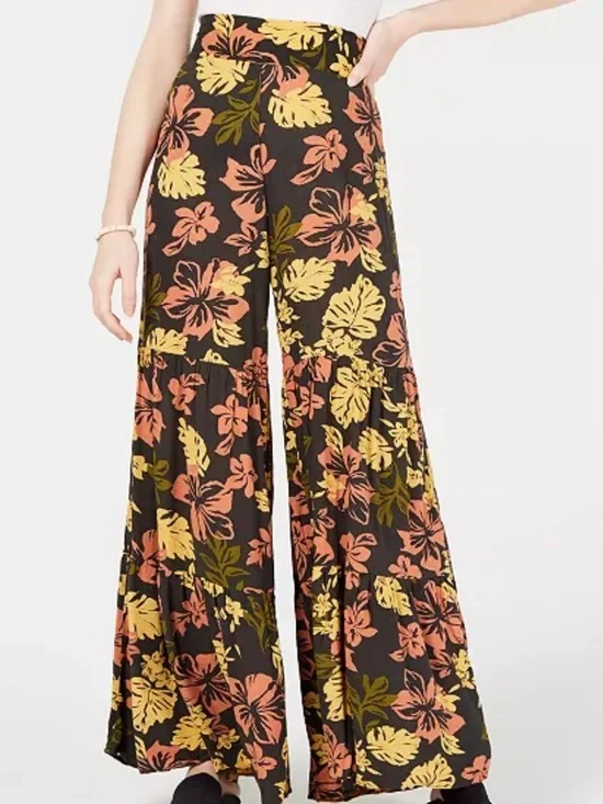 Free People Tiered Pants Black Floral Bell Bottom | Size Extra Small