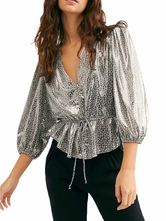 Free People Small Talk That Talk Metallic Silver Floral Top Blouse Size S Disco