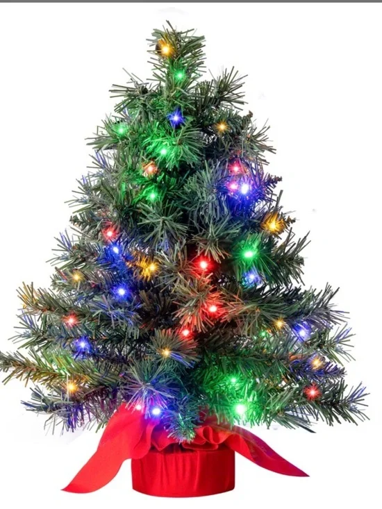 Green Mini Holiday Tree with Multicolor Lights and Red Fabric Base