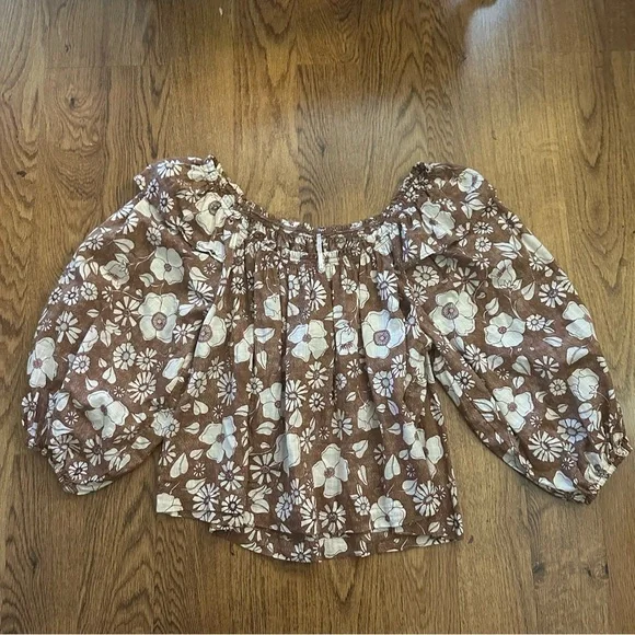 Free People Brown Floral Off-Shoulder Blouse relaxed fit top blouse size XS