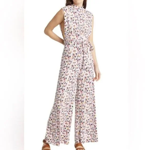 Free People Vibe Check Tie Waist Jumpsuit Tea Ditsy Print Size Medium