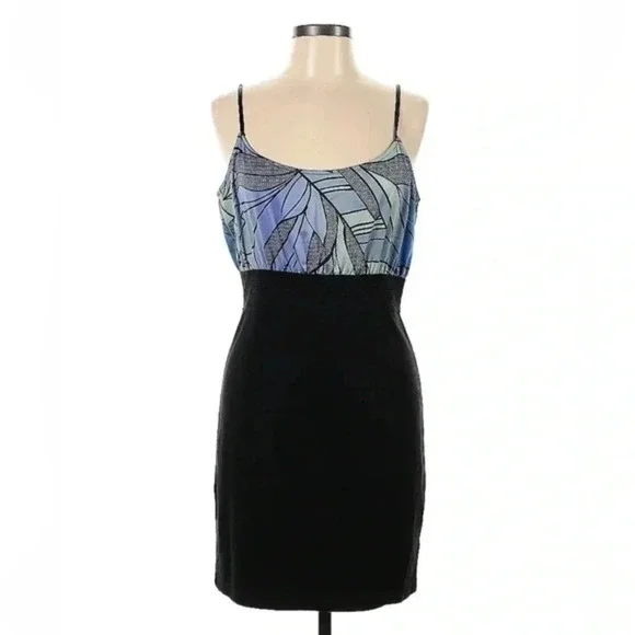 Vintage Free People Y2K Blue Green Black Fitted Bodycon Tie Back Dress Size L