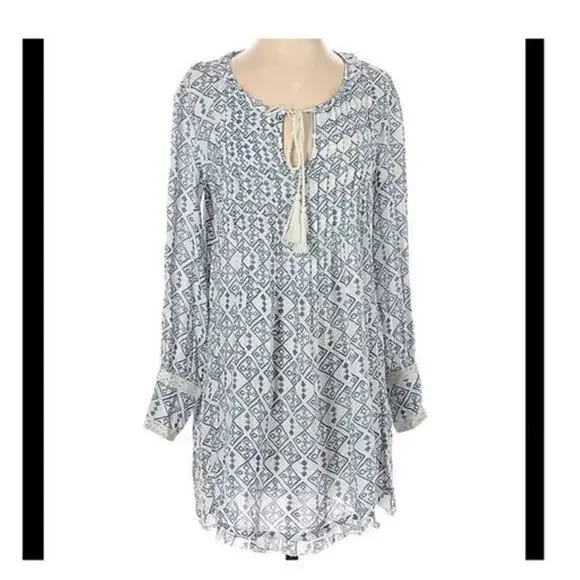 Free People Women's Geometric Long Sleeve Boho Mini Dress White Blue Small