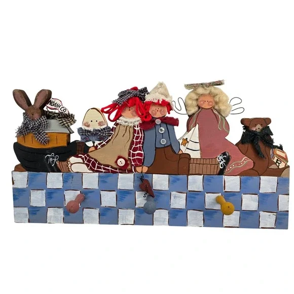 Vintage Folk Art Wooden Wall Peg Rack Noahs Ark Angel Raggedy Ann Humpty Dumpty