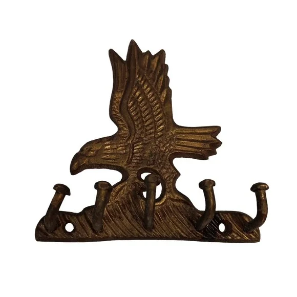 Solid Brass Hanging Eagle Key Holder Vtg Wall Mount 5 Hooks Car House Keys Leash