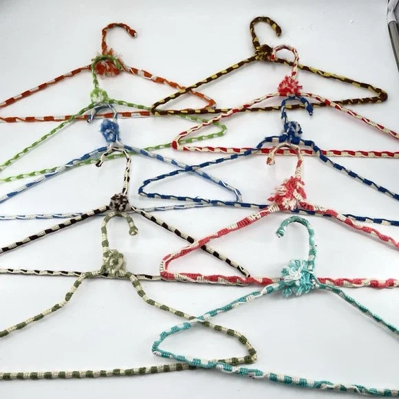 Vtg Crochet Yarn Covered Hangers Pom Pom Sturdy Double Wire Anti Slip Boho