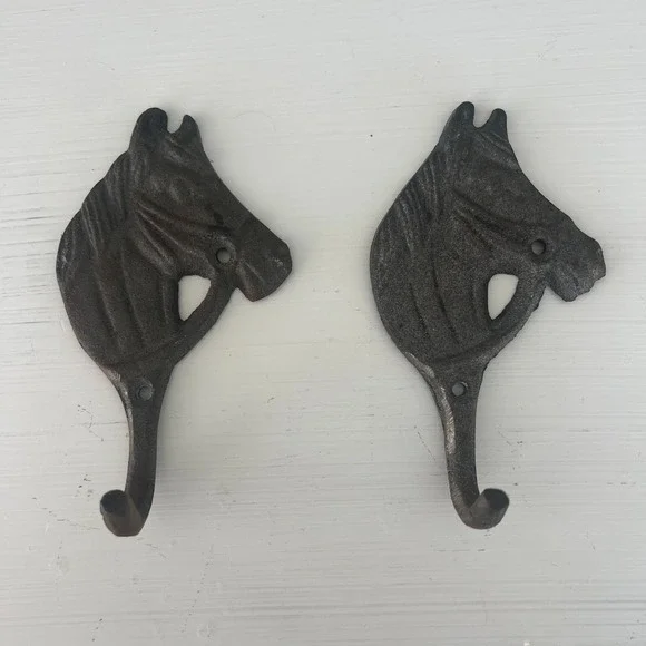 Cast Iron Set‎ of Horse Wall Hooks Western Farmhouse Rustic Equestrian Country
