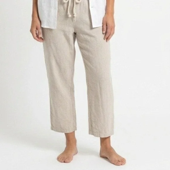 Fausto Betancourt Womens L Cropped Pants Beige Manta Cotton Linen‎ Beach Resort