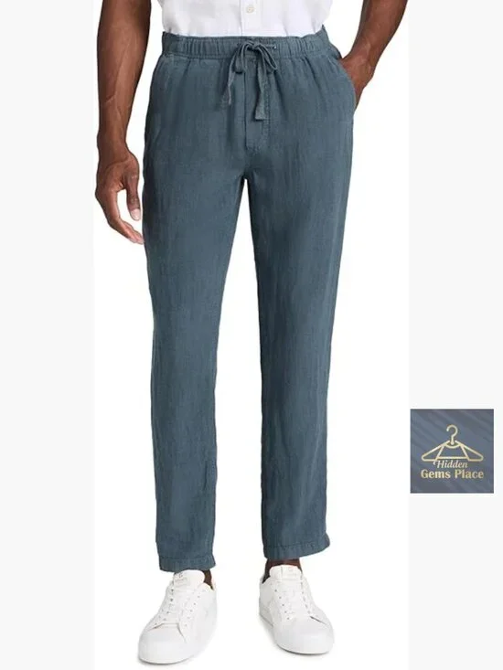 Linen Drawstring Pants - Mid Rise Straight Leg Casual
