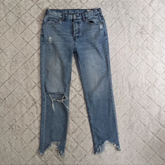 We The Free People Chewed Up Mid Rise Straight Jeans Women's 26 Indigo Blue