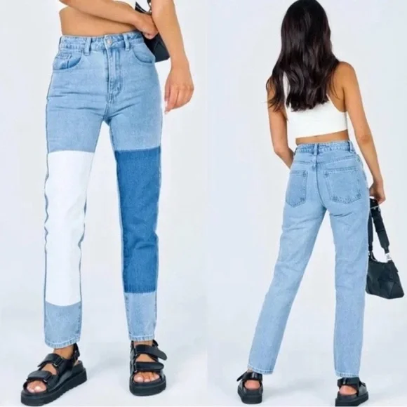 PRINCESS POLLY Cofield Mom Jeans Colorblock Patch High Waist Straight Leg Size 2