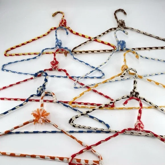 Vtg Crochet Yarn Covered Hangers Pom Pom Sturdy Double Wire Anti Slip Boho (d)