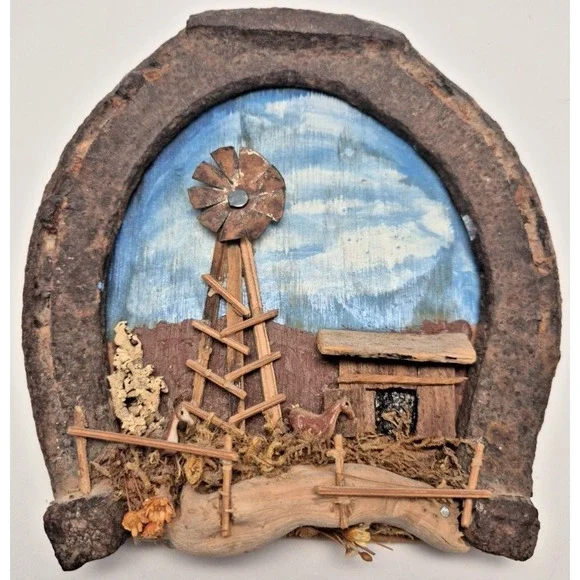 Rustic Handmade Horseshoe Framed 3D Windmill Wall Hanger