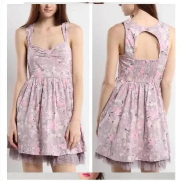 Free People Purple Floral Open Back Sundress Keyhole Tulle Hem Size 4