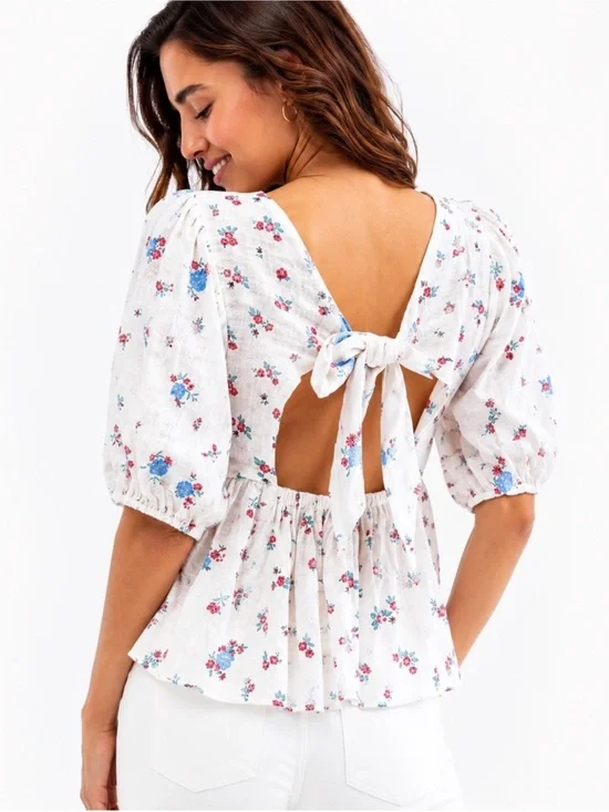 Free People Chloe Floral Print Gauzy Cotton Top Blouse XS Puff Sleeve Cottage
