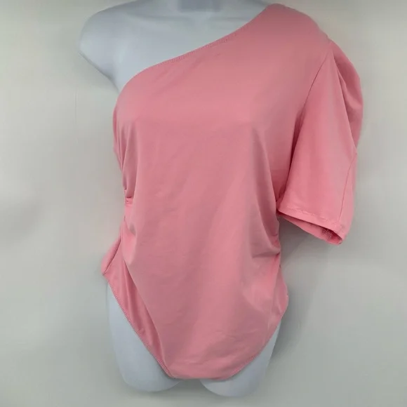 Free People Somethin Bout You Womens One Shoulder Ruched Bodysuit Pink Large NWT