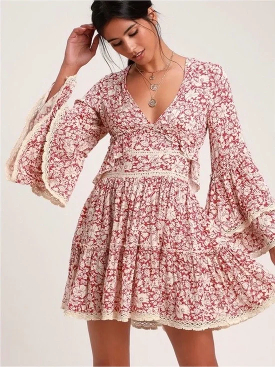 New Free People Kristall Berry Red Floral Print Bell Sleeve Mini Dress Boho M