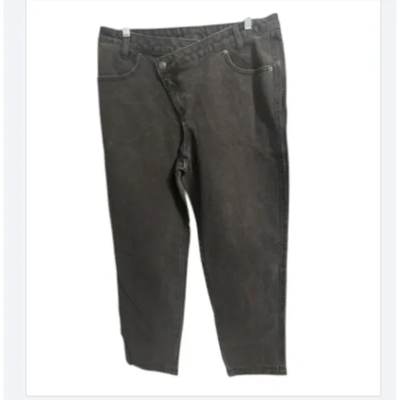 High-Rise Black Jeans | Asymmetrical Button | Straight Leg Denim