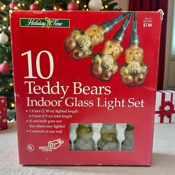 Holiday Time 10 Glass Teddy Bear String Christmas Lights in Box 9.5'‎ Long