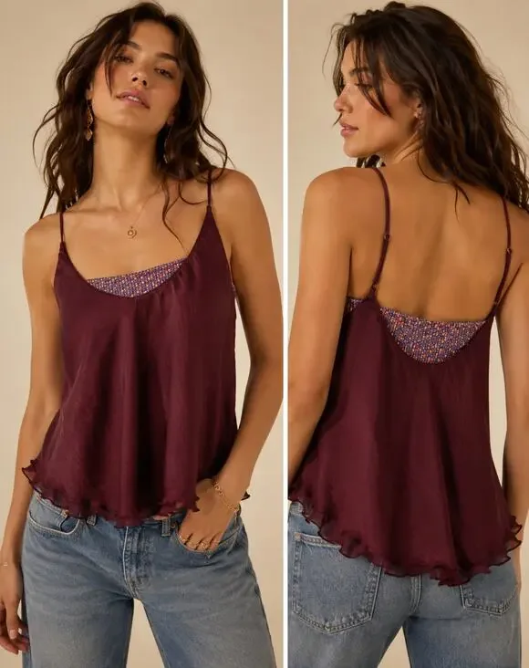 Free People SZ M Turn It On Cami Merlot Sequin Embellished Inset OB1064843