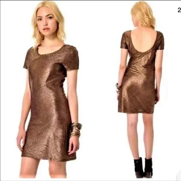 Free People Moonage Daydream Golden Brown Shimmer Metallic Bodycon Dress Size XS