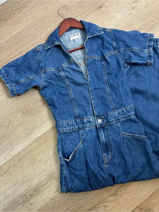 Free People 100% Cotton Marla Straight Leg Short Sleeve Denim Jumpsuit
