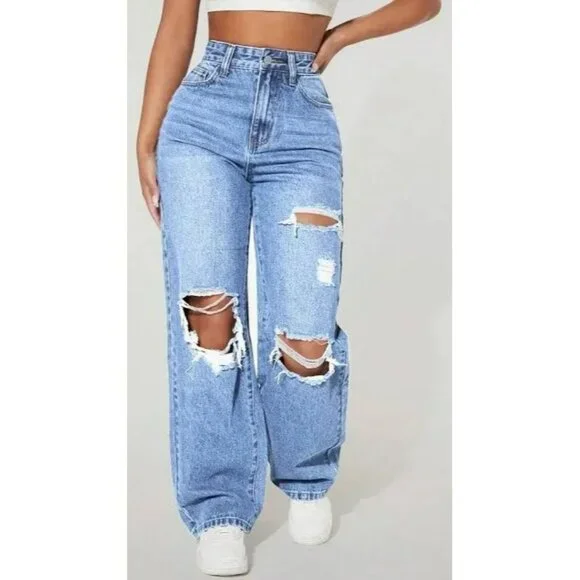 Blue Savvy Womens Distressed High-Waisted Mom Jeans Recycled Fiber Light Wash Si