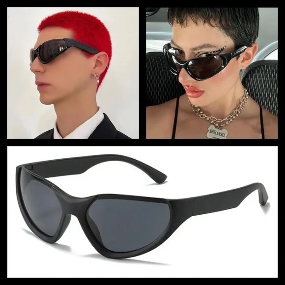 Mens New matrix punk frame angular black dystopian character sunglasses