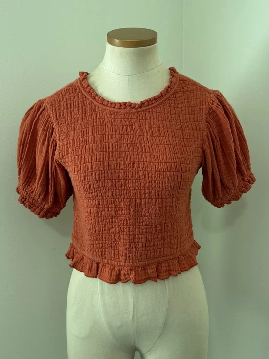 Free People Medium Rust Orange Smocked Textured Puff Sleeve Crop Cropped Top