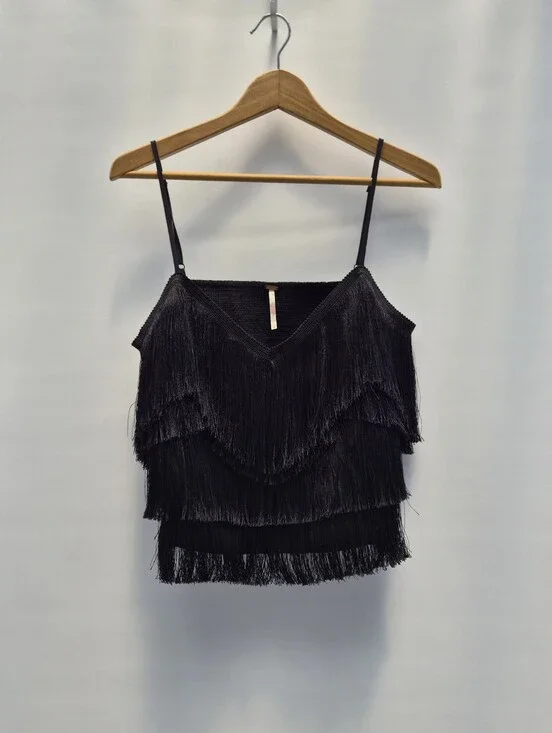 Free People Shimmy Fringe Cami Top L Black Boho Coastal Cowgirl Festival Western