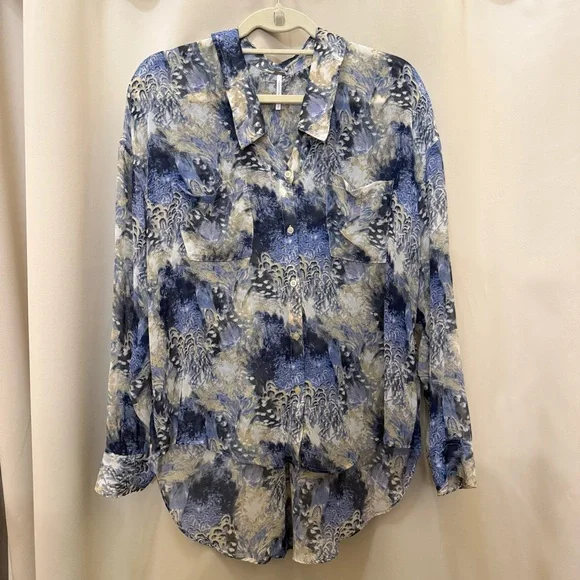 Free People Boho Sheer Abstract Print Georgette Button Blue Long Sleeve Shirt