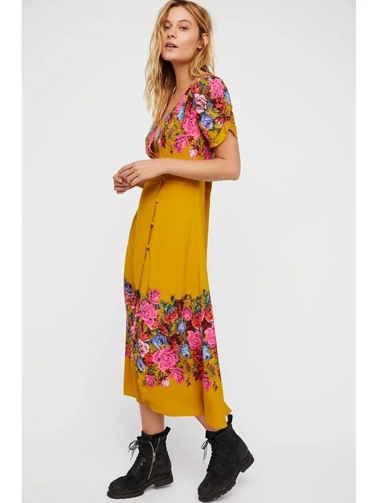 Free People Yellow Floral Midi Dress Size Small Boho V-Neck Button Front Rayon