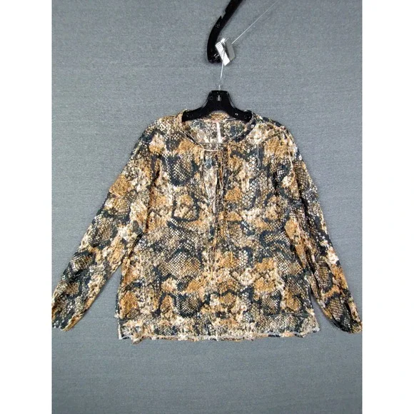 Free People Shirt‎ Womens Small Brown Black Snake Animal Print Sheer Boho