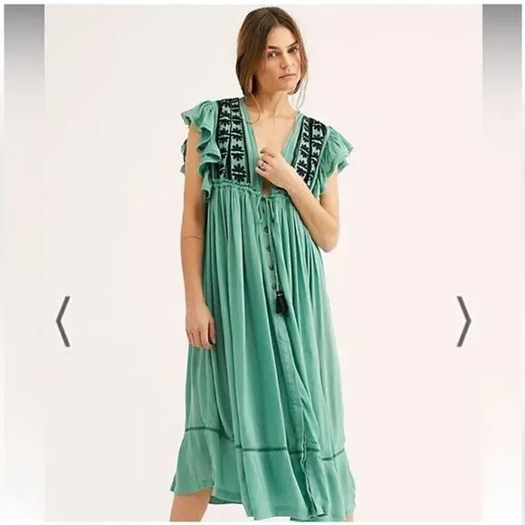 Free People Green Bali Will Wait For You Boho Style Dress Oversized Fit
