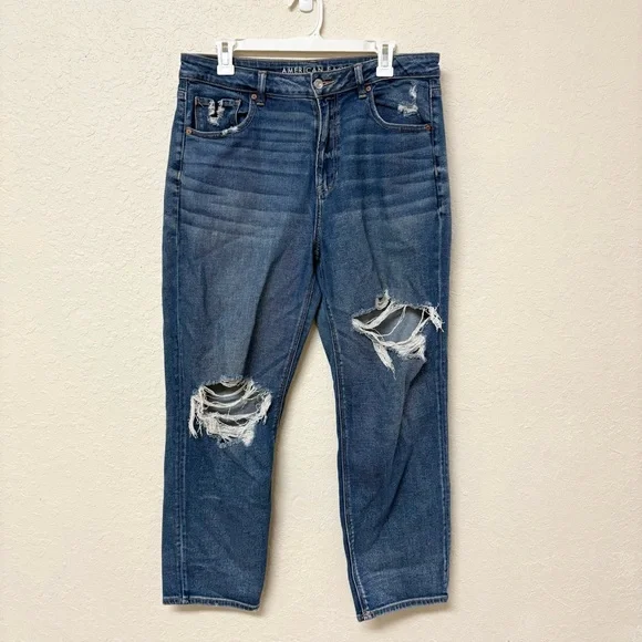 American Eagle Mom Straight Jean Blue Denim Medium Wash Distressed Size 14R