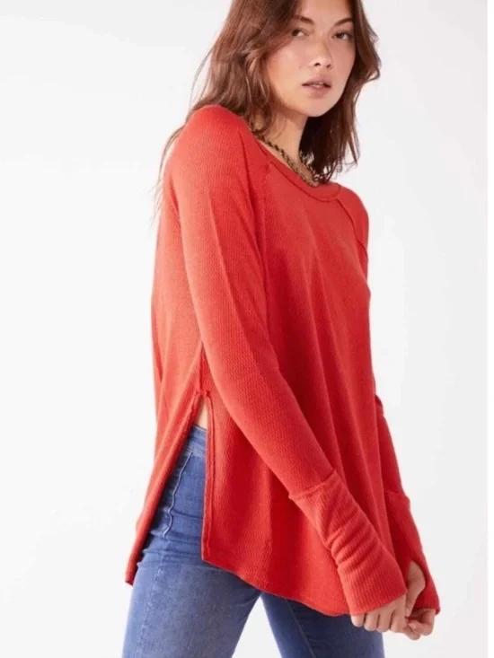 Free People Snowy Thermal Knit Long Sleeve Heatwave Orange Top