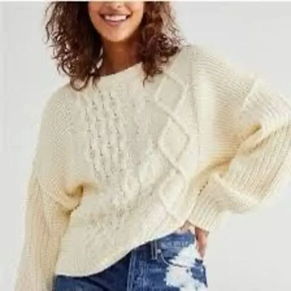 Free People Cream Dream Cable Knit Oversized Fisherman Sweater Size XS