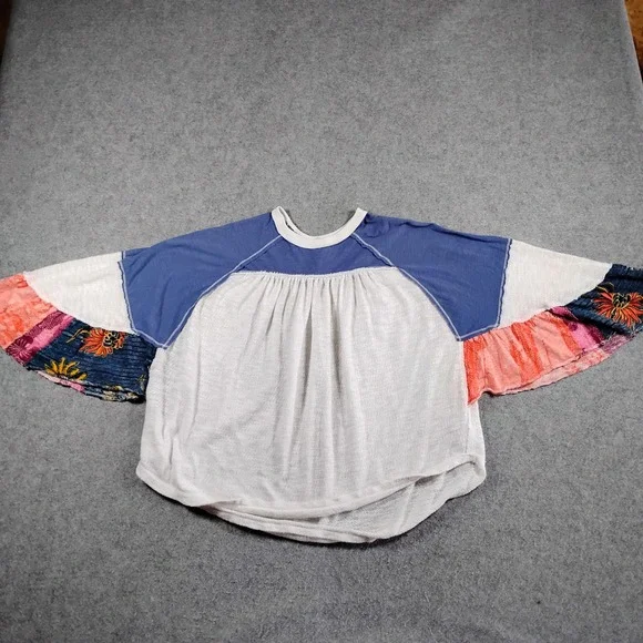 We The Free People Womens XS Friday Fever Blue White Bell Sleeve Boho Top